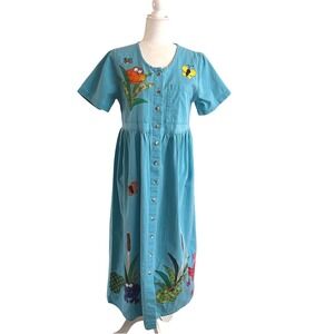 VTG Sunbelt Denim Maxi Dress Turquoise Frog Butterfly Applique Button Front M/L